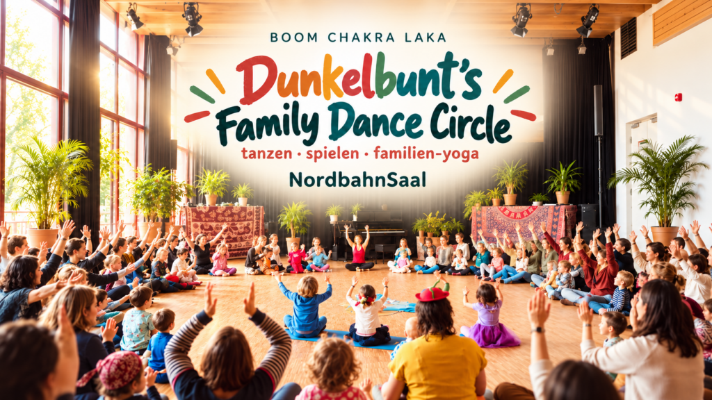 Dunkelbunt’s Family Dance Circle: tanzen, spielen und Familien-Yoga im NordbahnSaal. Eltern und Kinder sitzen gemeinsam im Kreis und heben die Arme.