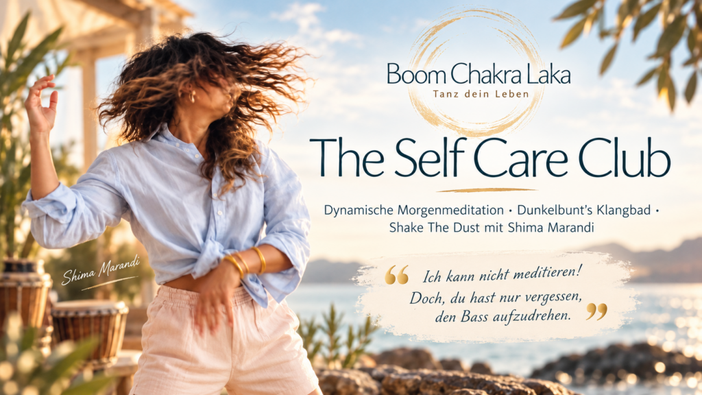 The Self Care Club beim Boom Chakra Laka mit dynamischer Meditation, Shake The Dust und Dunkelbunt's Klangbad im NordbahnSaal in Wien wird von Ulf Lindemann, Lisa Cantabile und Shima Marandi gestaltet.